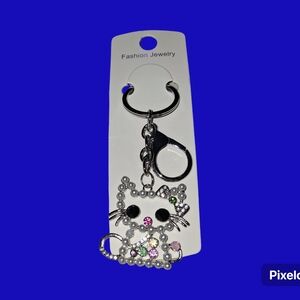 Crystal Cat Keychain - Silver with Multicolor Gems